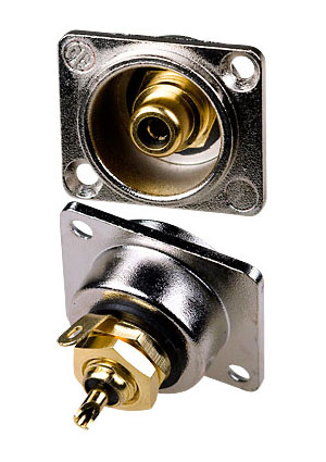 1-292G BK, гнездо RCA металл  на корпус с фланцем черный "позолоченный"